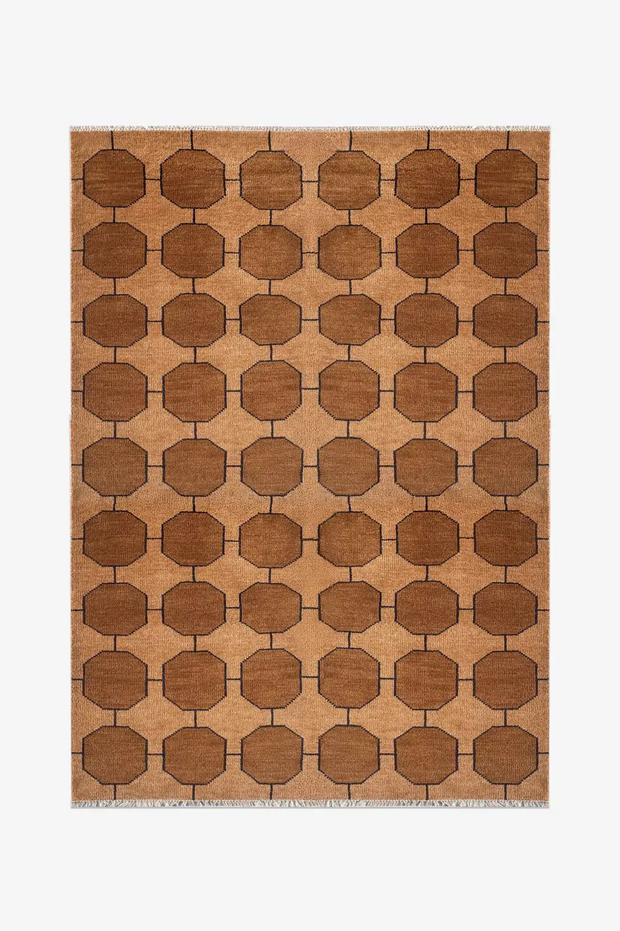 warm golden brown 6x9 geometric patterned rug hand-knotted in wool on a white background honey gold