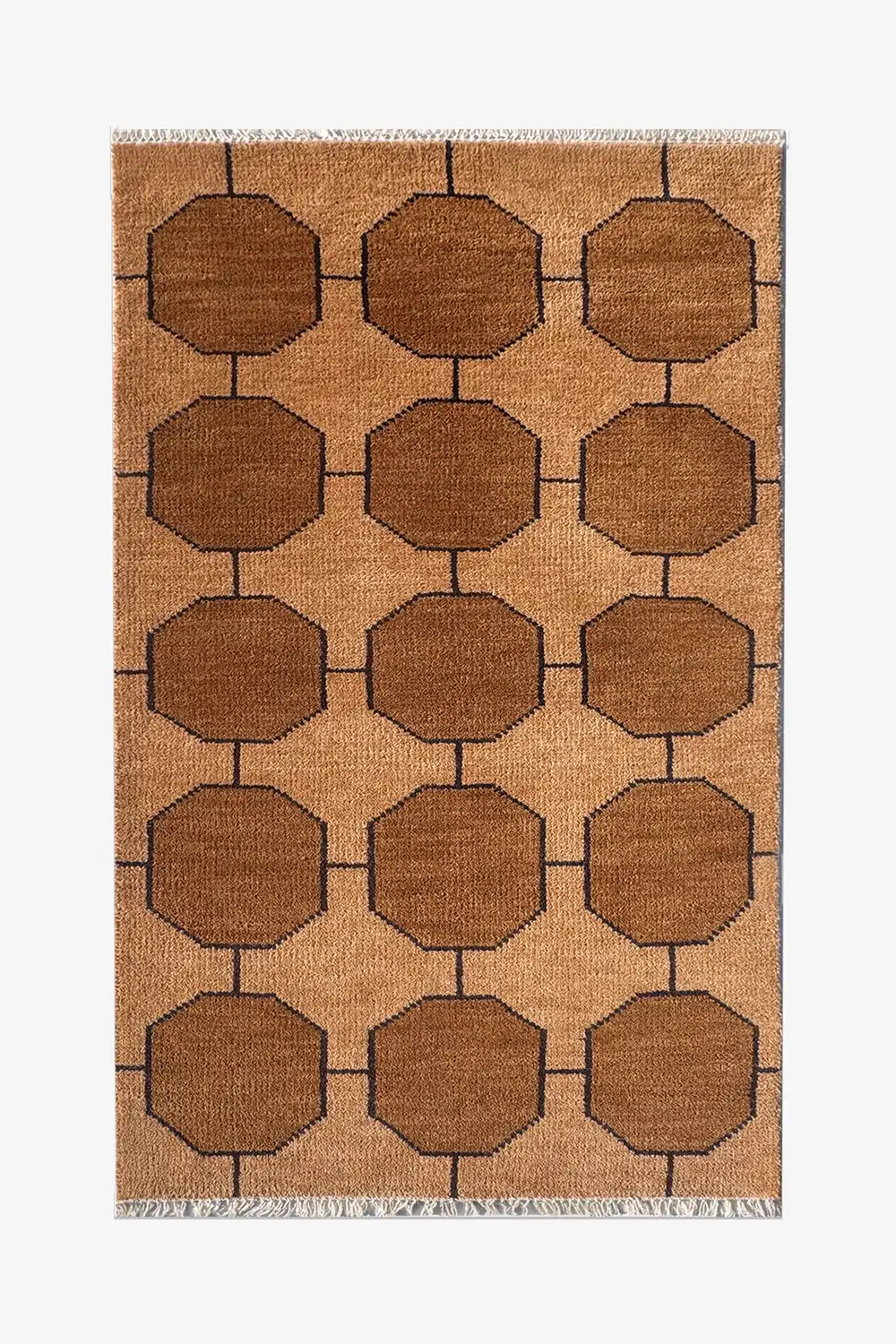 warm honey gold brown wool rug 3x5 with geometric pattern on a white background | 3x5