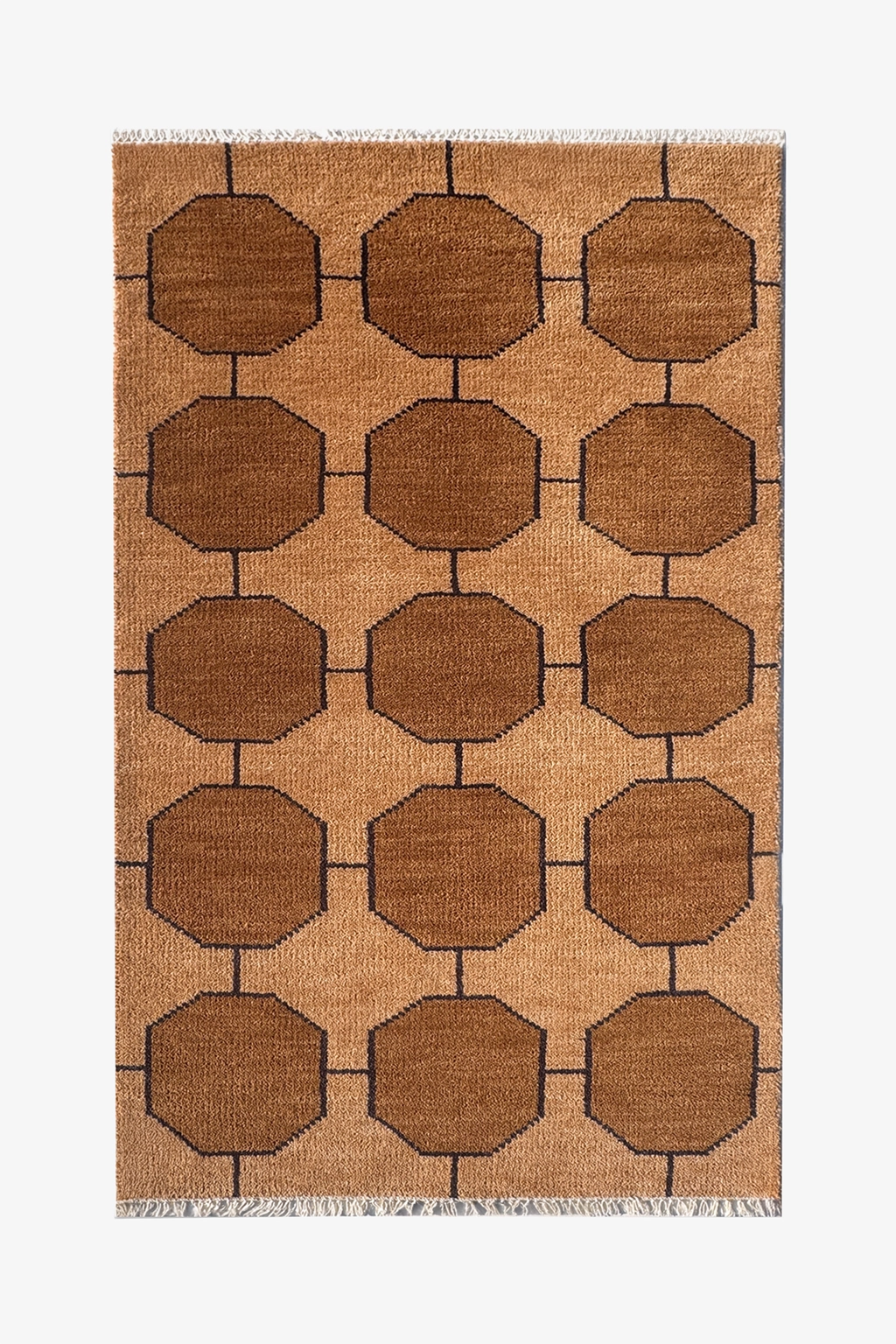 Patterned rug with gold brown geometric design on a beige background | 3x5