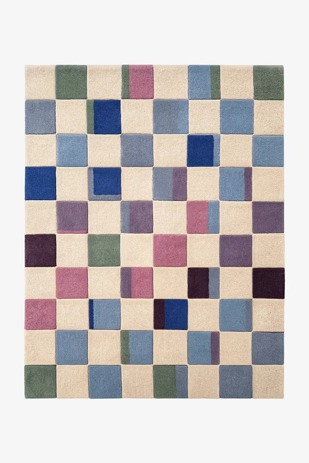 multicolor checkered rug with a pattern of squares in various colors on a white background