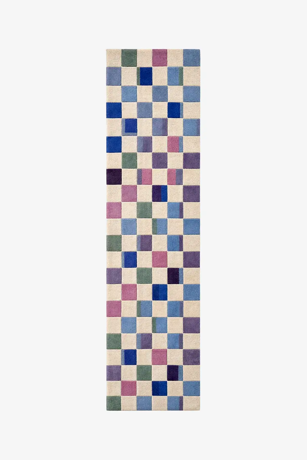 runner rug with a checkered pattern of multicolored squares on a white background