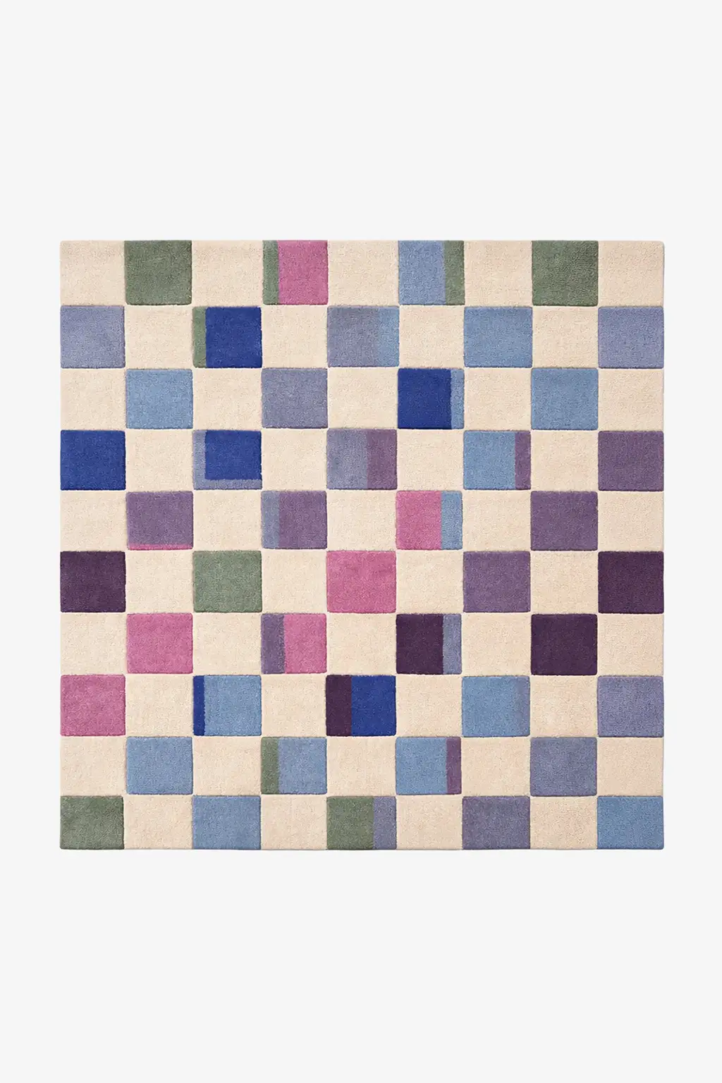 square checkered rug with multicolor squares on a white background
