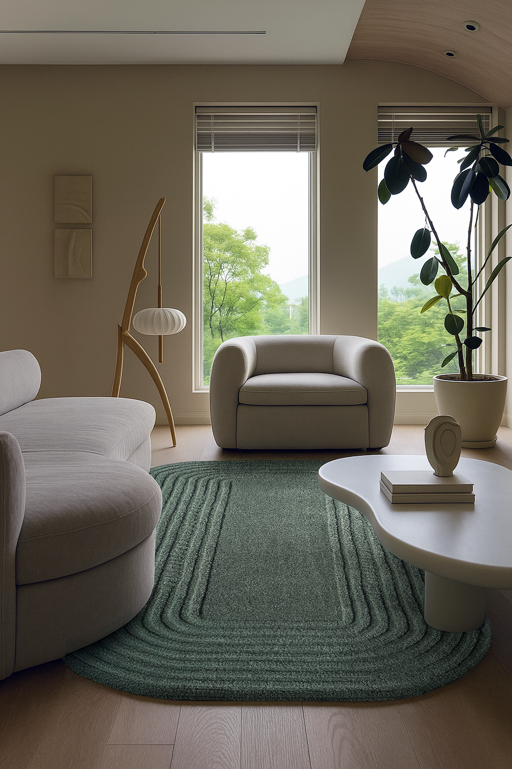 Modern japandi living room with a sage green rug, white furniture, and large windows.