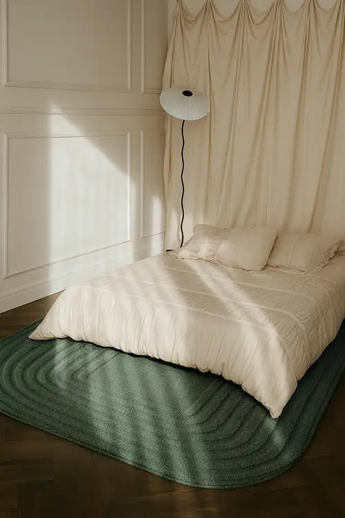 organic modern bedroom with a bed covered in white bedding, soft green rug, and draped curtains.