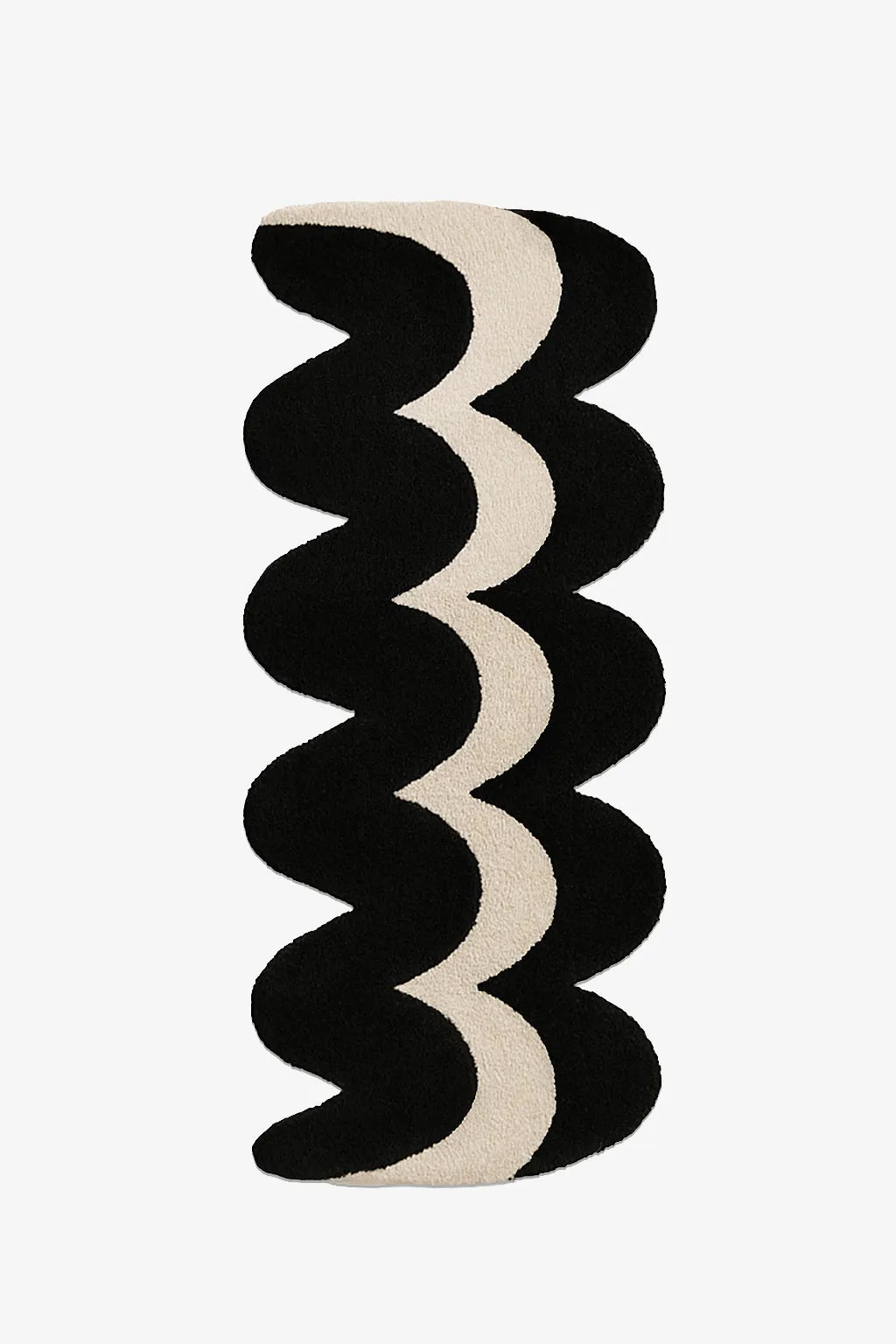 unique runner rug with black and beige wavy pattern on a white background