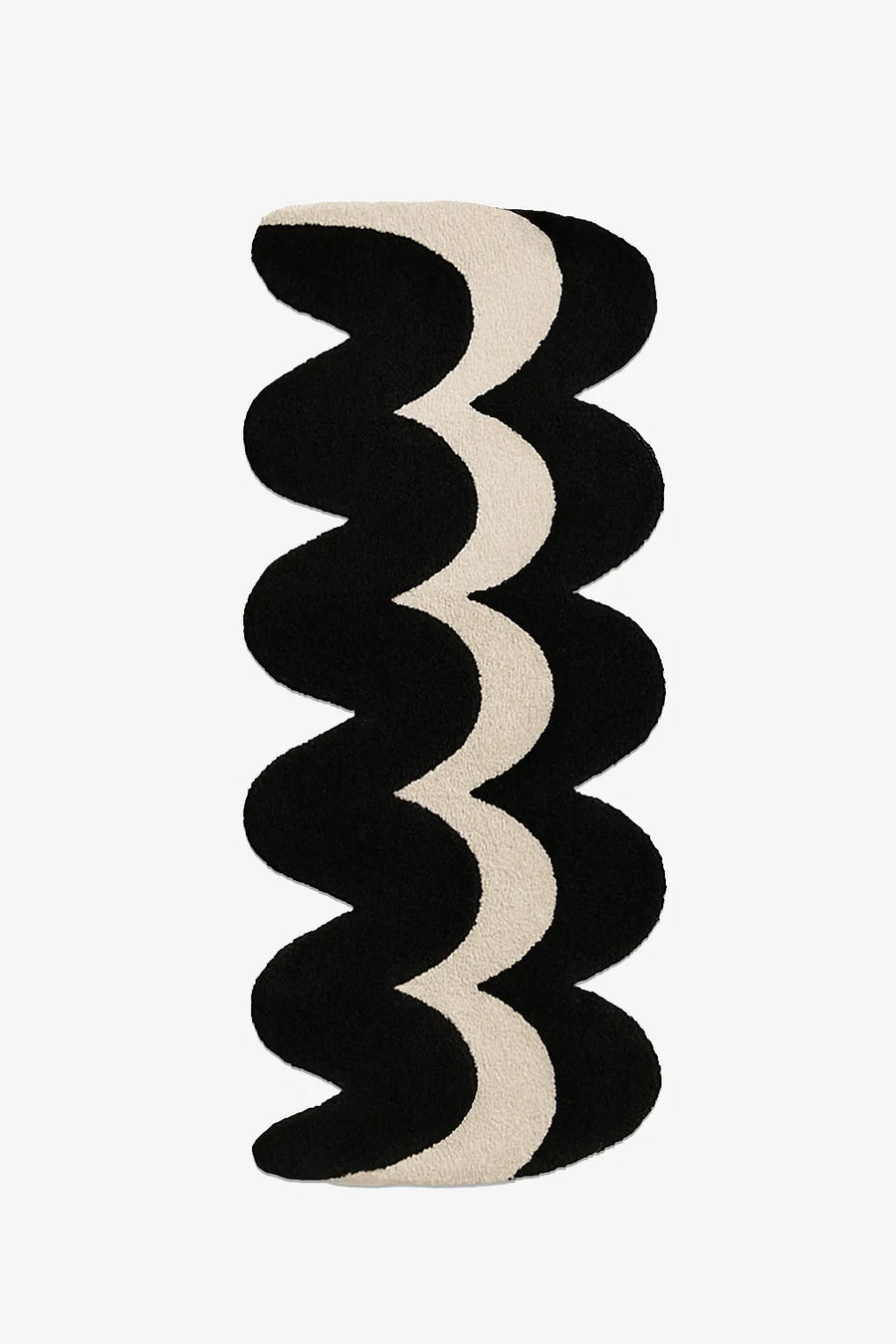 unique runner rug with black and beige wavy pattern on a white background