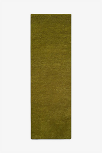 olive green wool runner rug on a white background, perfect for long hallways and entryways