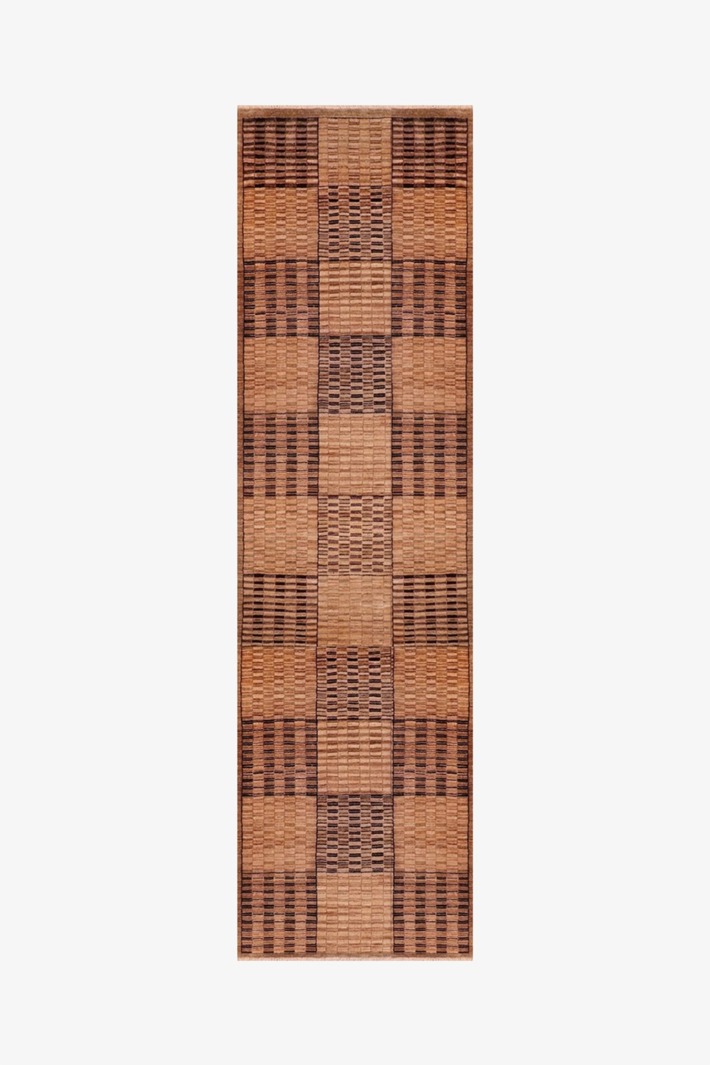 hand-knotted wool runner rug with tan brown and black geometric checkered pattern