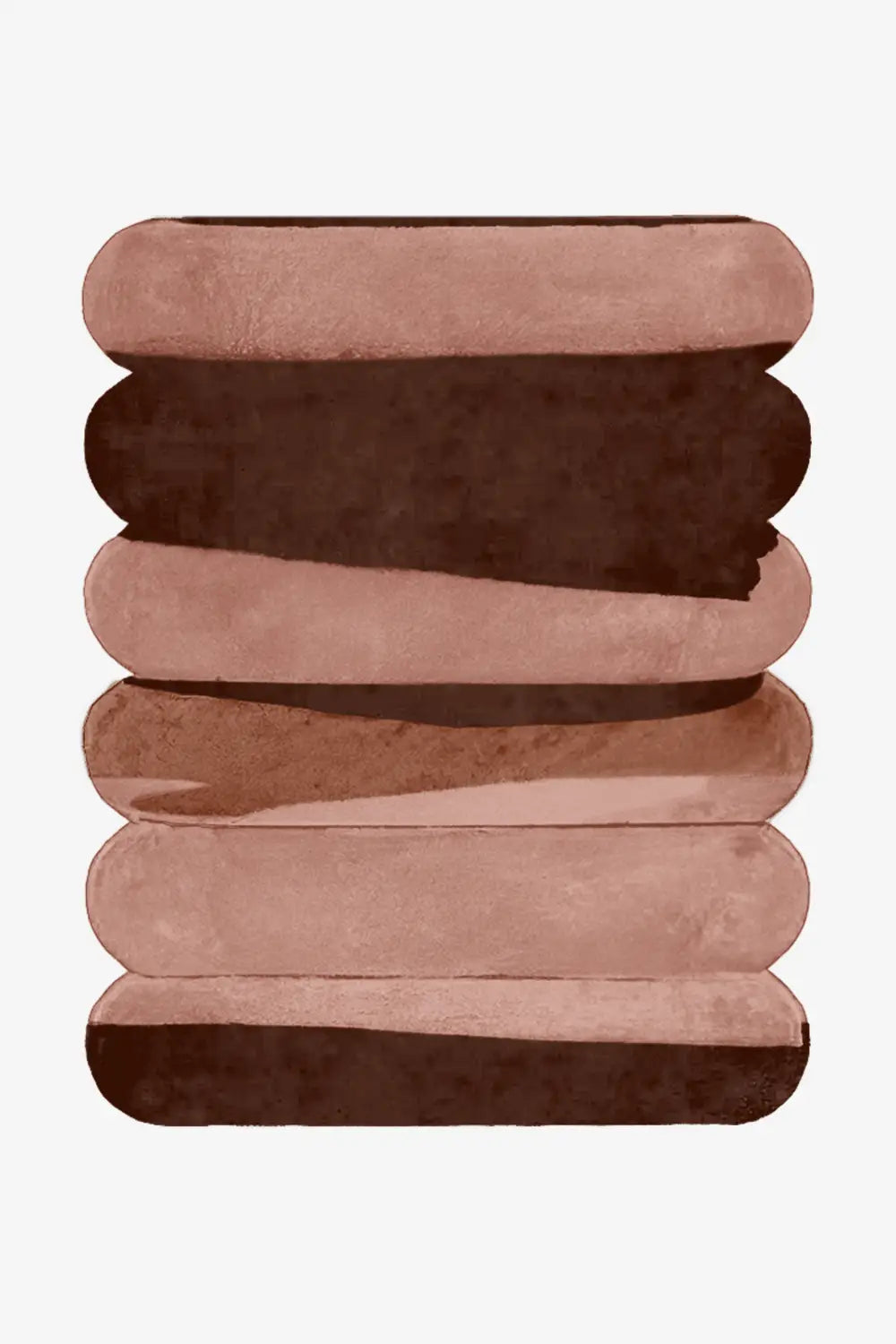 Modern brown and terracotta pink abstract wool rug, plush contemporary area rug with rounded scalloped stripe pattern
