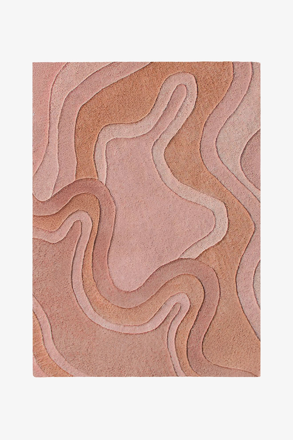 A rectangular area rug with an abstract, layered topographic contour pattern in rust shown flat against a light gray background.