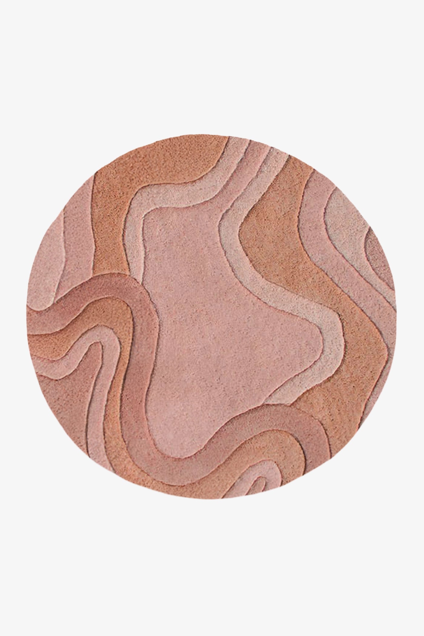 A round area rug featuring an abstract, layered topographic pattern in dusty rust, mauve, and warm brown tones, shown against a plain light gray background.