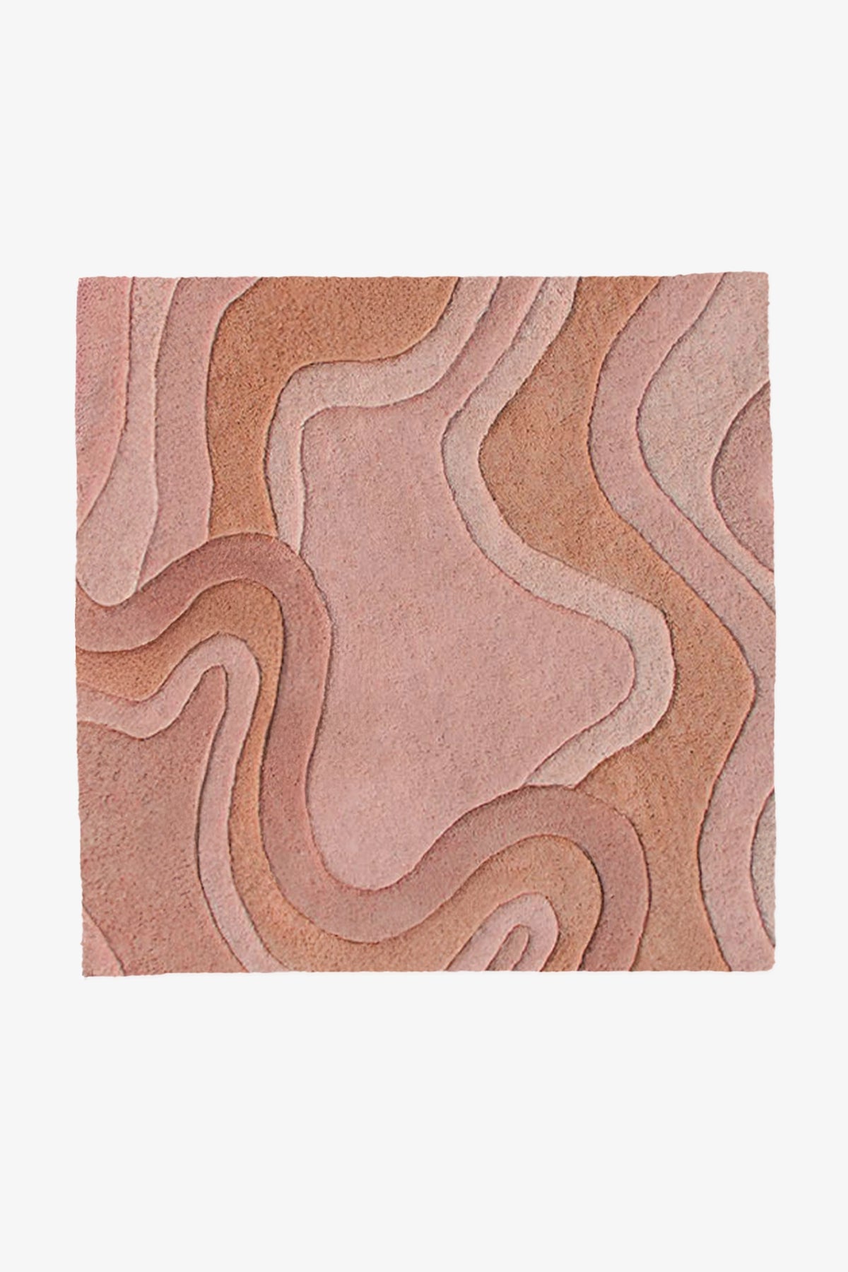A square area rug with an abstract, layered topographic contour pattern in dusty rust, mauve, and warm tan tones, shown flat against a light gray background.
