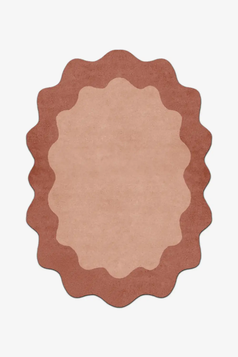 Decorative large rug with scalloped edge in brown on a white background