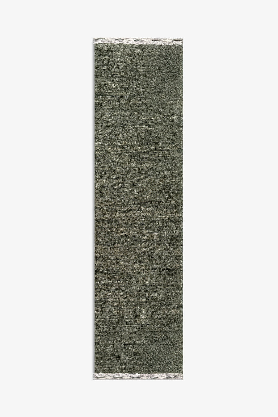 A long, narrow runner rug in a heathered sage green color, shown flat against a solid white background.