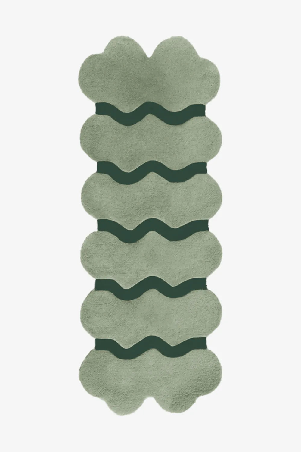 3x8 sage and dark green scalloped runner rug, ideal for organic modern interiors, nature-inspired hallways, or earthy minimalist spaces