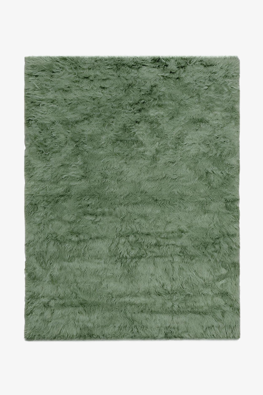 A rectangular shaggy area rug in a muted sage green color, shown flat against a plain white background.
