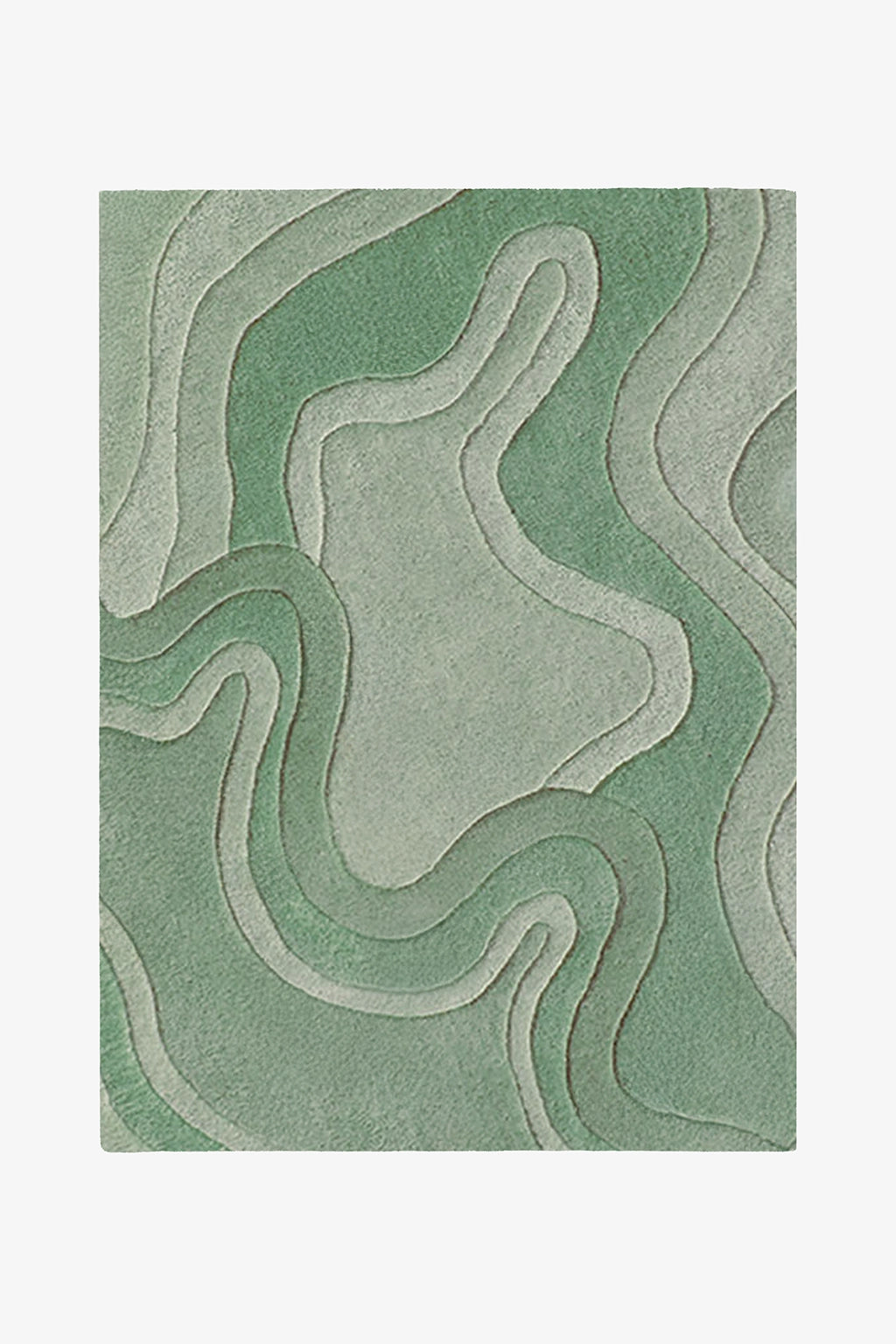 A rectangular area rug with an abstract, layered topographic contour pattern in shades of sage green and light gray, shown flat against a light gray background.