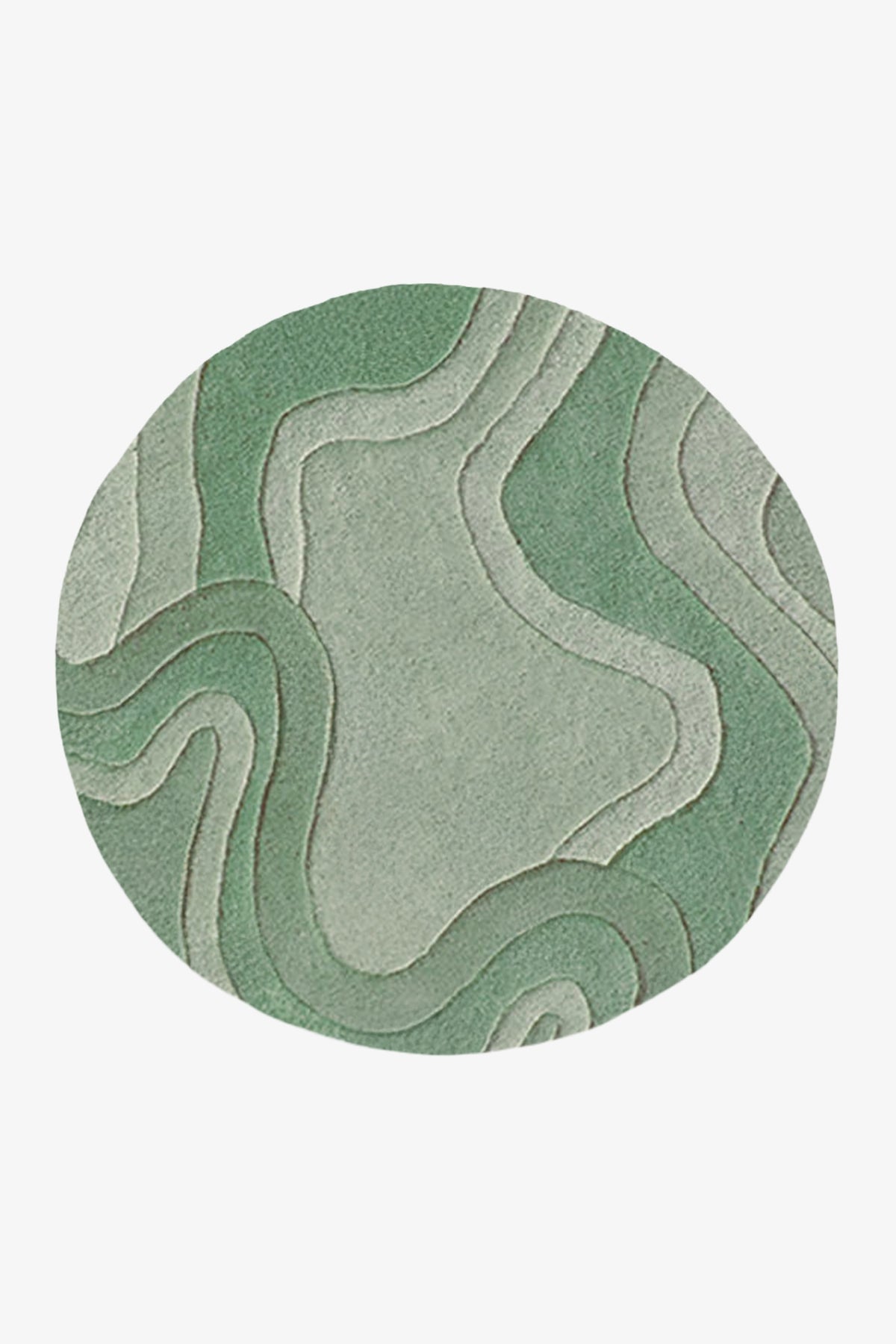 A round area rug featuring an abstract, topographic-like pattern of wavy contour lines in various shades of sage green  on a white background.