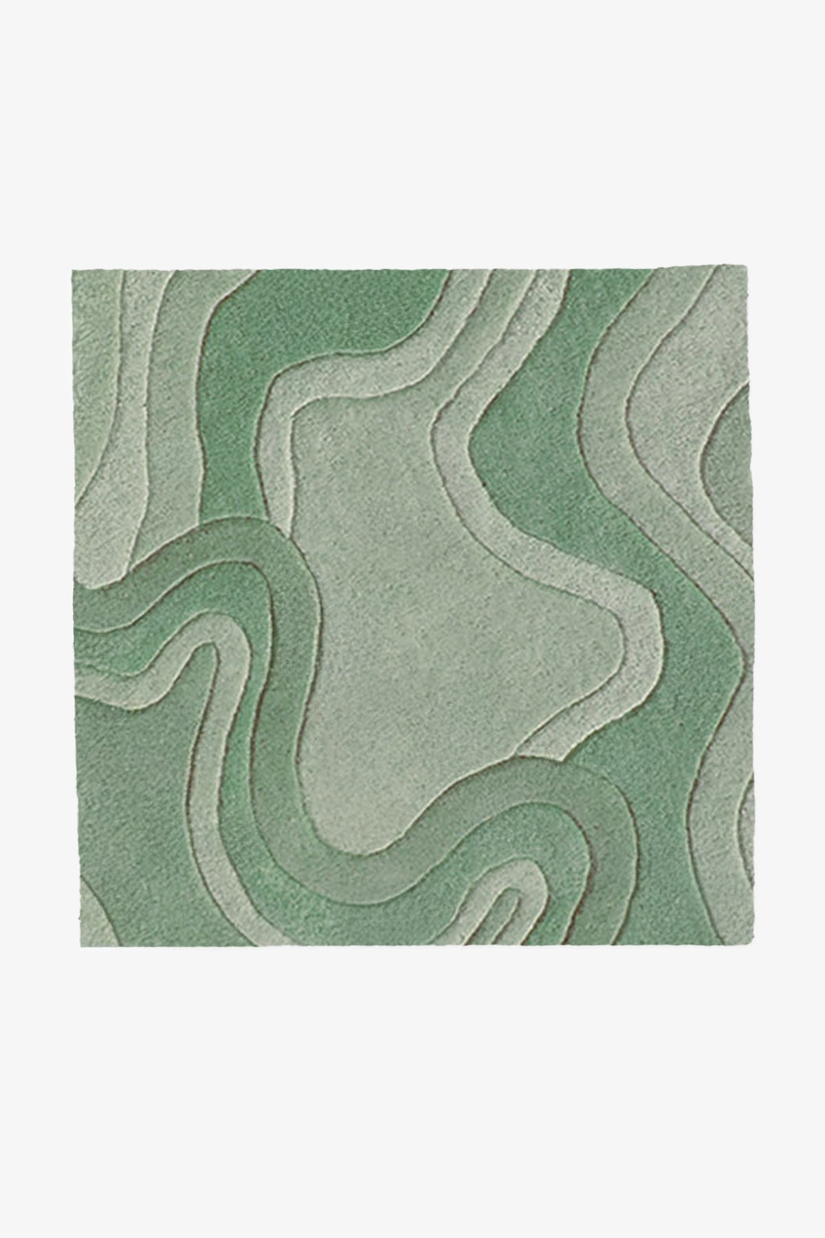 A square area rug with an abstract, layered topographic design in shades of sage green and light gray, shown flat against a plain white background.