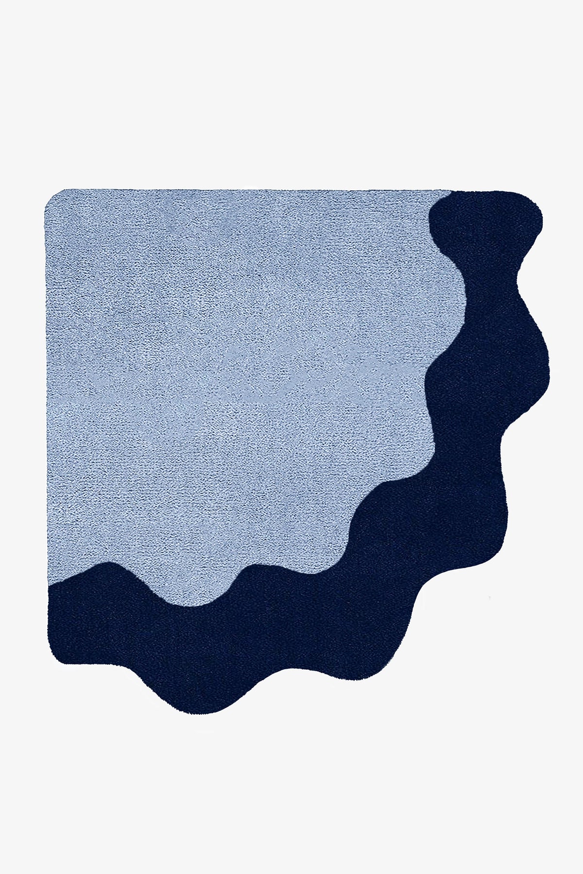 An abstract area rug with a wavy organic silhouette, featuring a light blue center and a dark navy bottom and right border, shown on a plain white background.