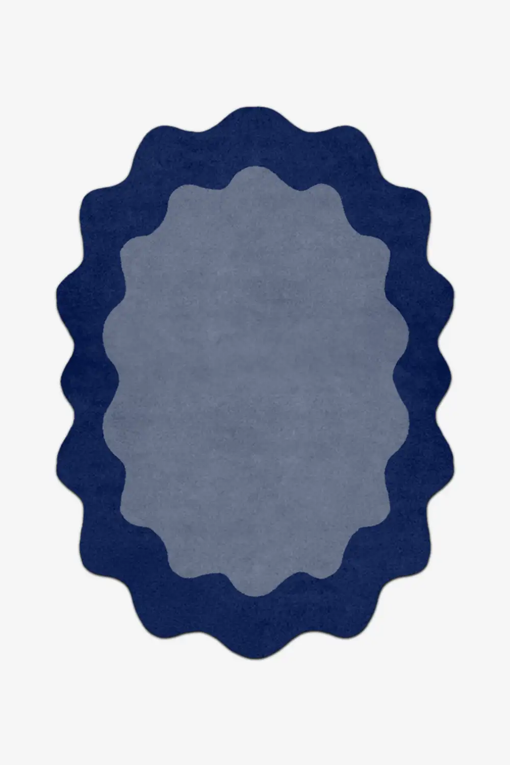 Round blue rug with scalloped edge on a white background