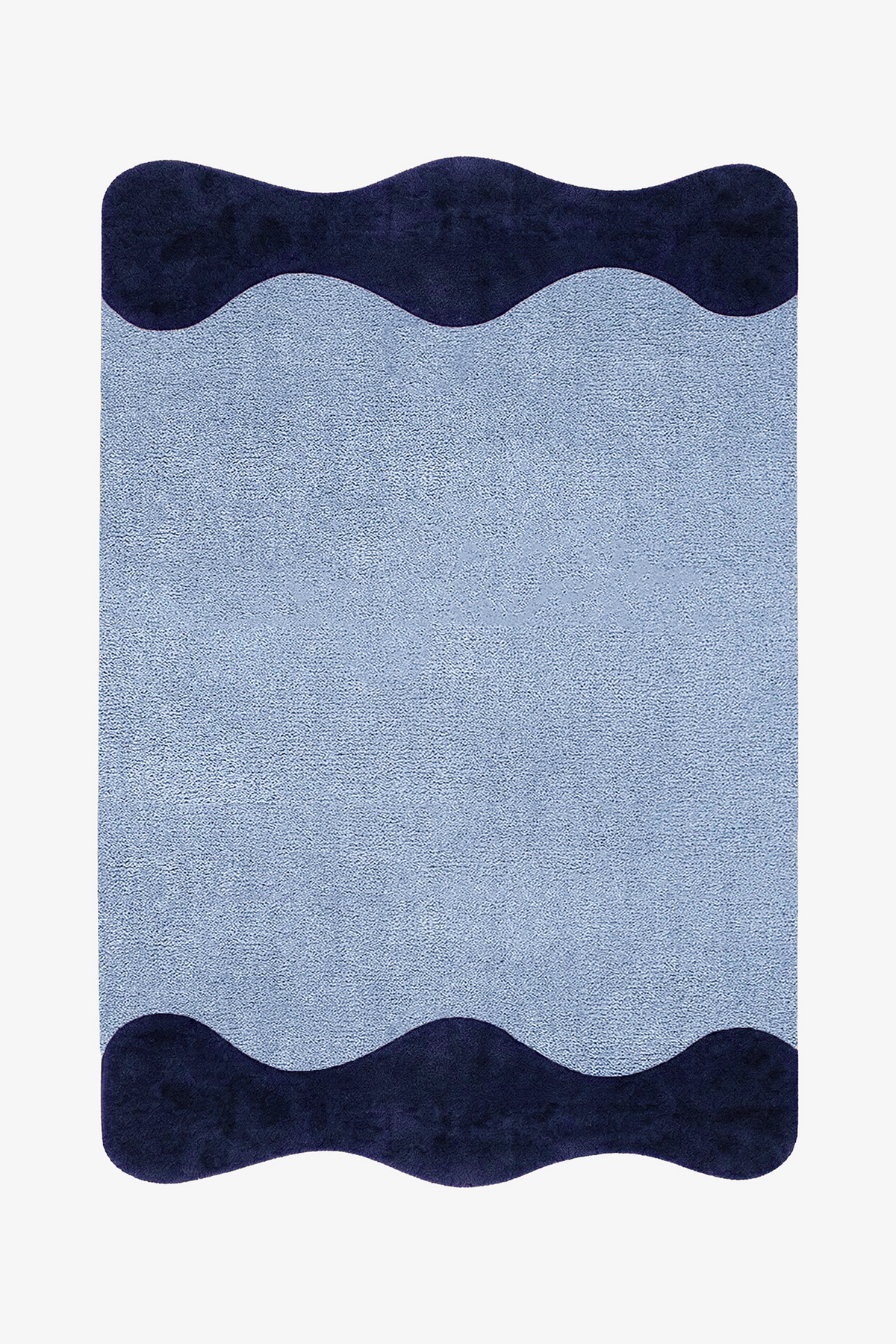 A rectangular area rug with a textured light blue center and dark navy wavy borders at the top and bottom, shown flat against a plain white background.