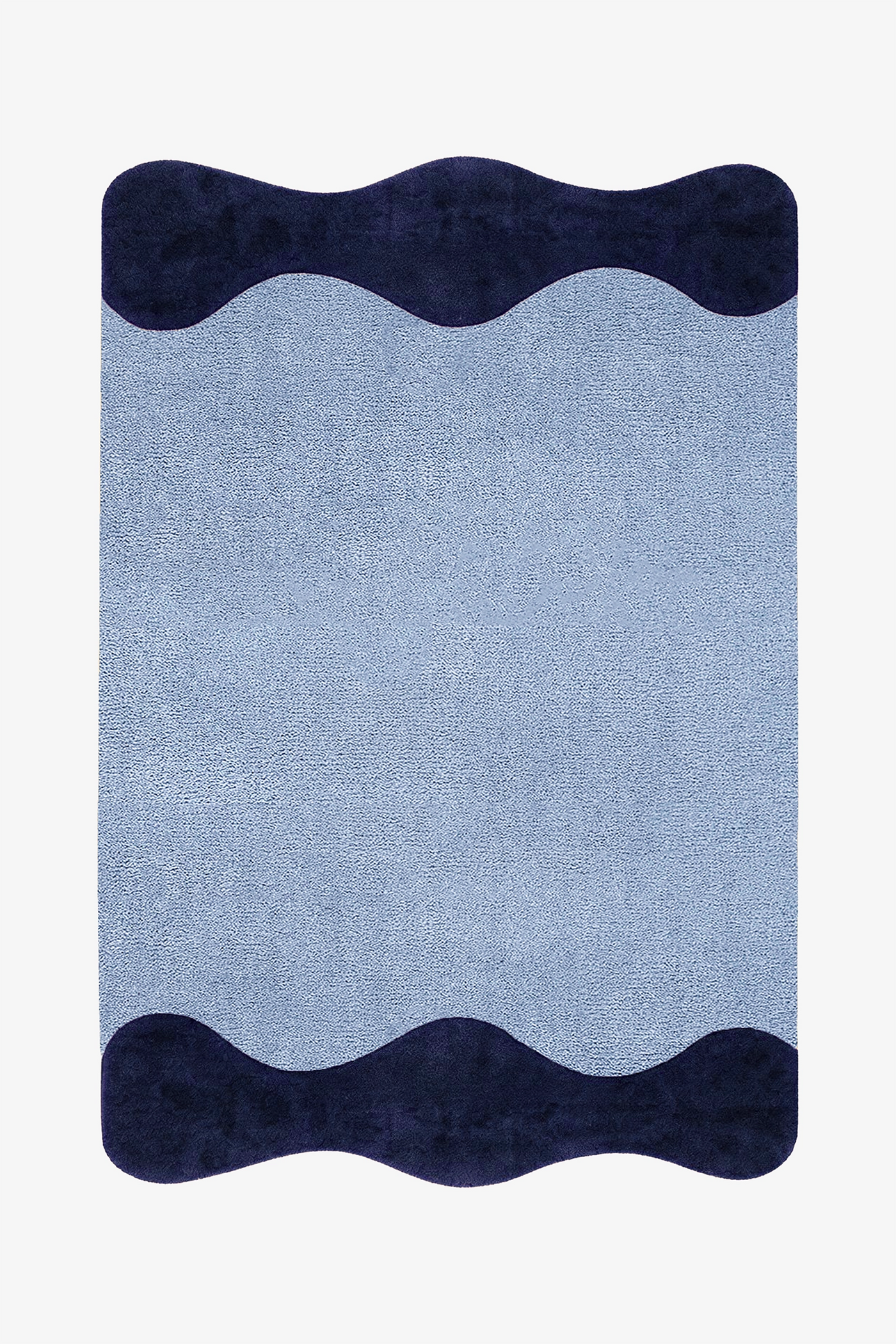 A rectangular area rug with a textured light blue center and dark navy wavy borders at the top and bottom, shown flat against a plain white background.