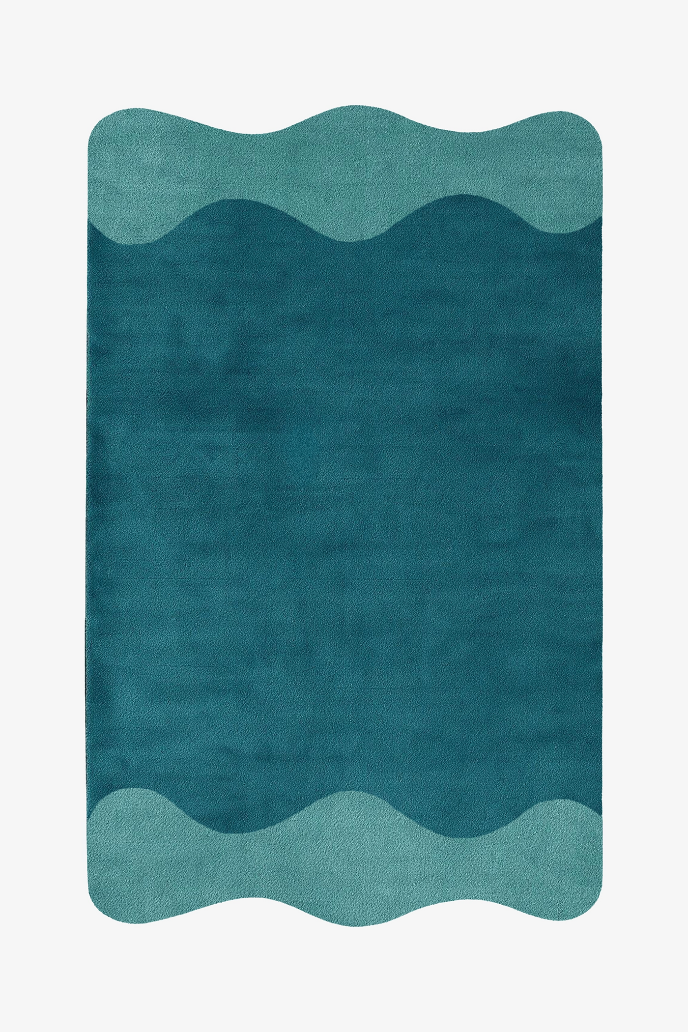 A rectangular area rug with a wavy pattern, featuring a dark teal center bordered by two lighter teal sections at the top and bottom, shown on a plain white background.