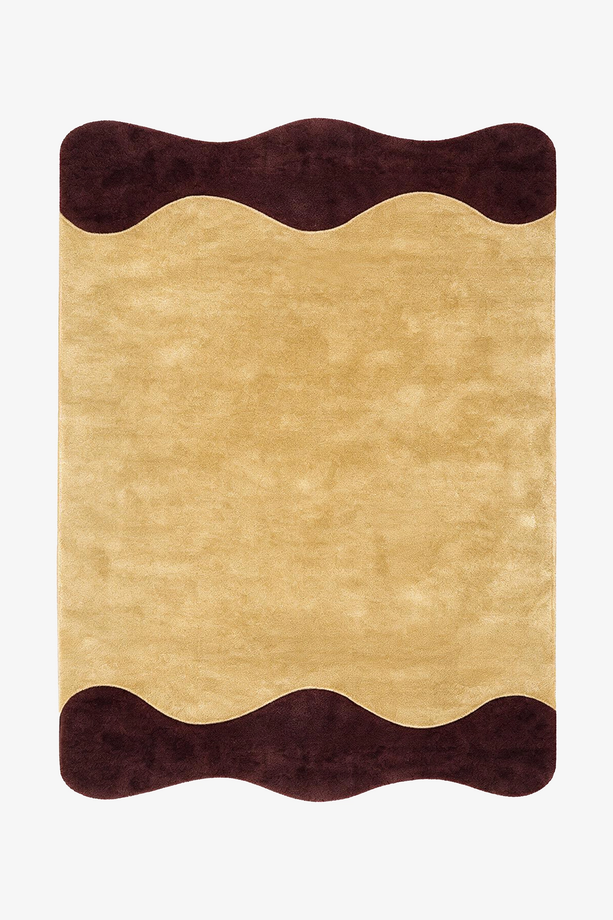 A rectangular area rug with a wavy scalloped border, featuring a textured yellow center and dark brown wavy top and bottom borders, shown flat against a plain white background.