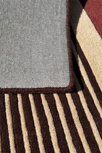 Close-up of a textured area rug showing a gray top section with a dark brown border, layered over a brown and beige striped section.