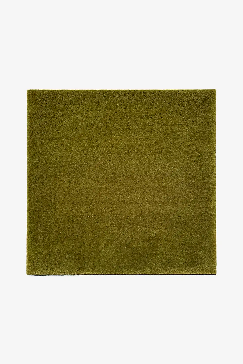Solid olive green square wool rug on a white background