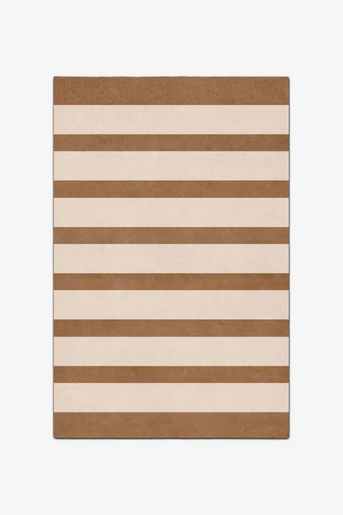 Rectangular rug with brown and beige horizontal stripes on a white background