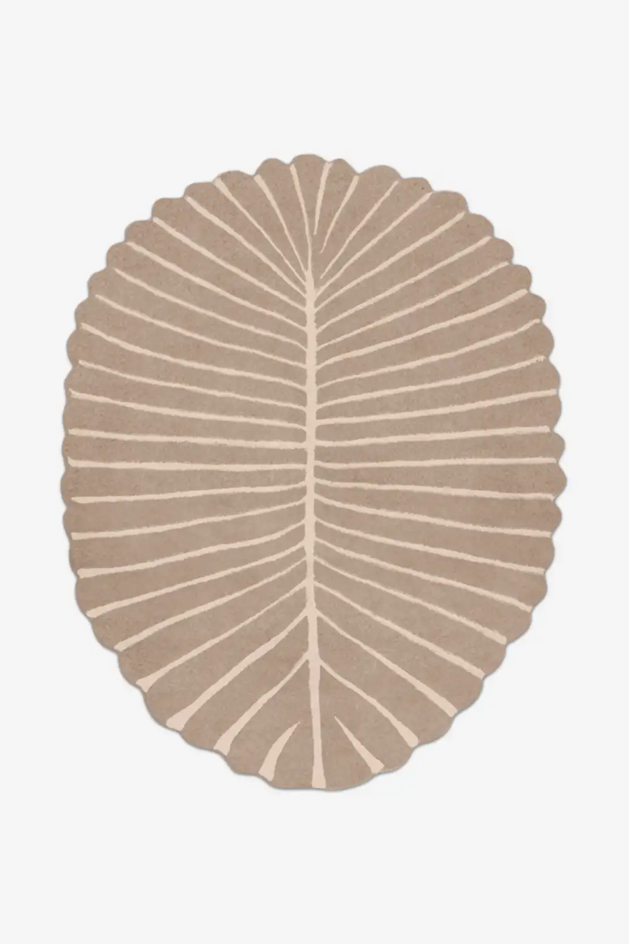 Round beige rug with a seashell shape pattern on a light gray background