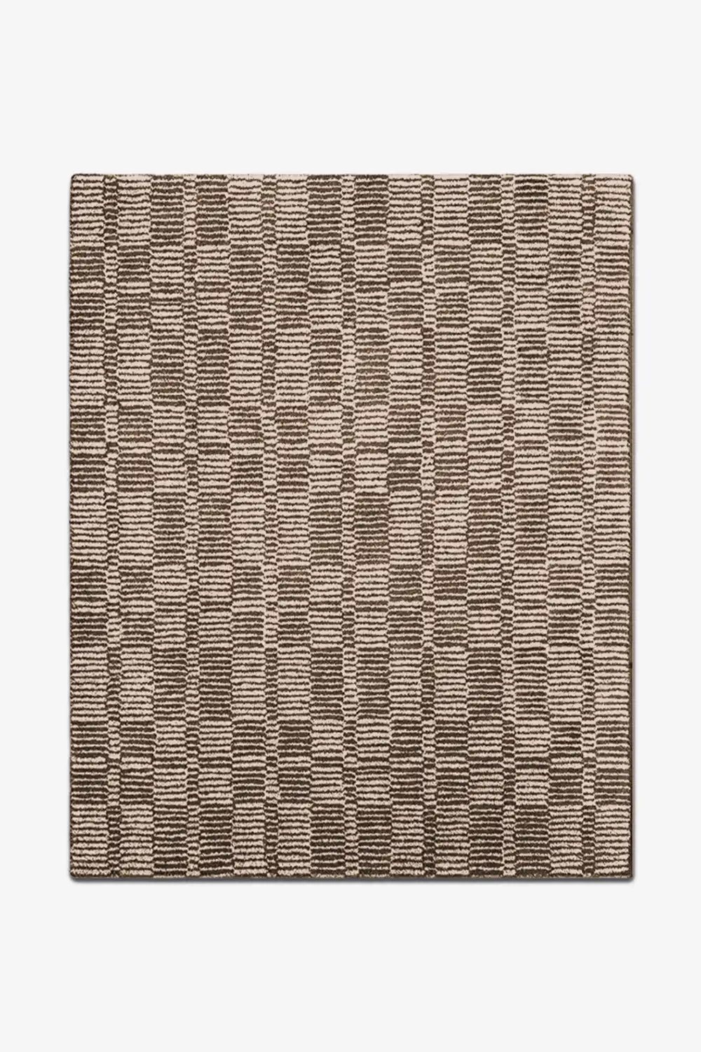 neutral rectangular rug with a geometric pattern on a white background
