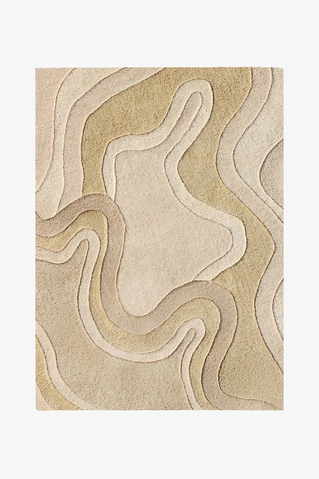 A square area rug with an abstract, layered topographic design in neutral beige, cream, and light tan tones, shown flat against a white background.