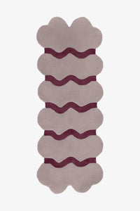 Elegant taupe and burgundy wavy runner rug with sculptural edges, perfect for modern neutral hallways, minimalist bedrooms, or sophisticated entryways.