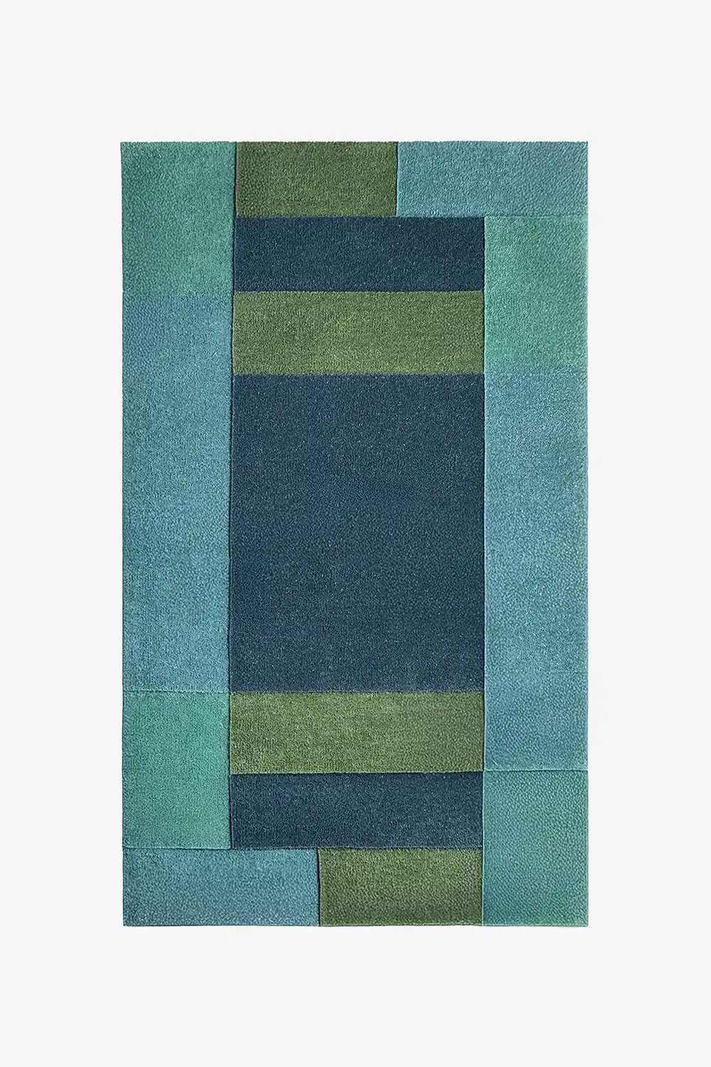 Rectangular rug with a geometric pattern in shades of blue and green on a white background
