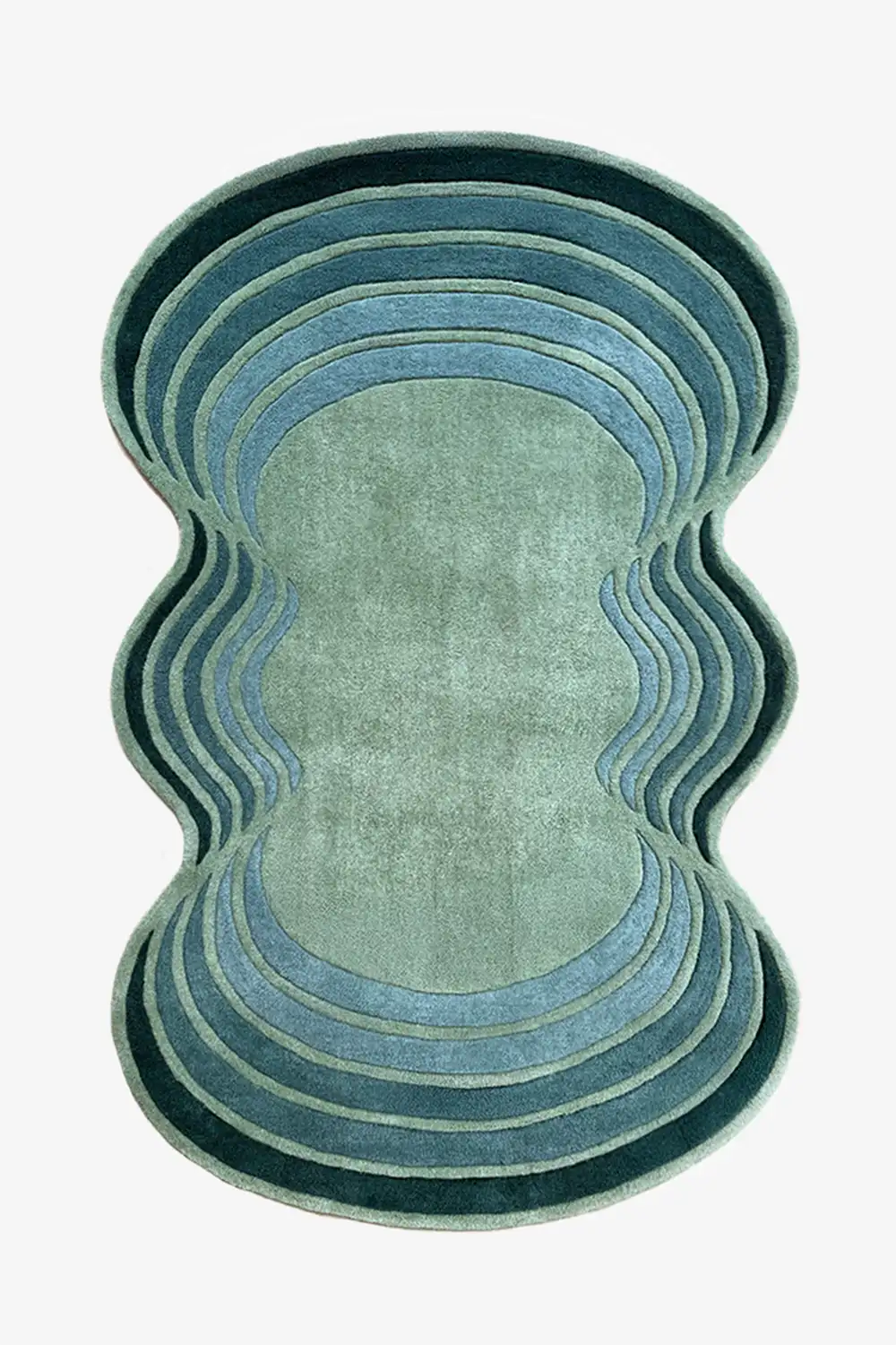 Rug with wavy, layered design in shades of blue on a white background