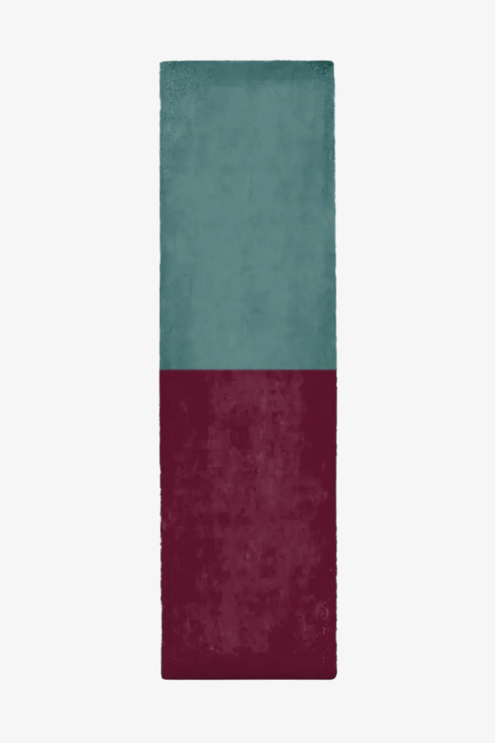 Teal blue and deep wine red wool runner rug, available in 2x8 and 3x10 sizes, perfect for vibrant entryways, colorful dining room paths, and creative mid-century modern homes.