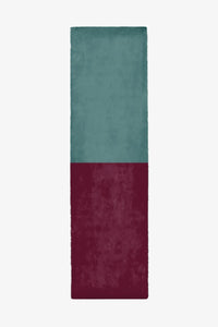 Teal blue and deep wine red wool runner rug, available in 2x8 and 3x10 sizes, perfect for vibrant entryways, colorful dining room paths, and creative mid-century modern homes.