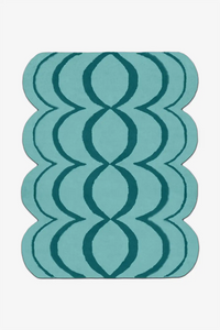Teal rug with wavy pattern on a white background
