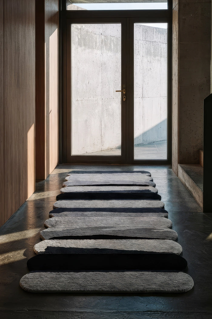A modern, irregularly shaped runner rug in shades of gray, black, silver and white, arranged in a row on a dark concrete floor leading towards a glass door in a minimalist interior lifestyle