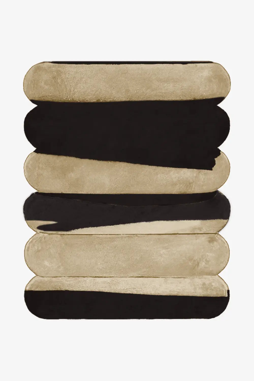 Modern black and tan taupe abstract wool rug with rounded stacked stripe design, contemporary area rug