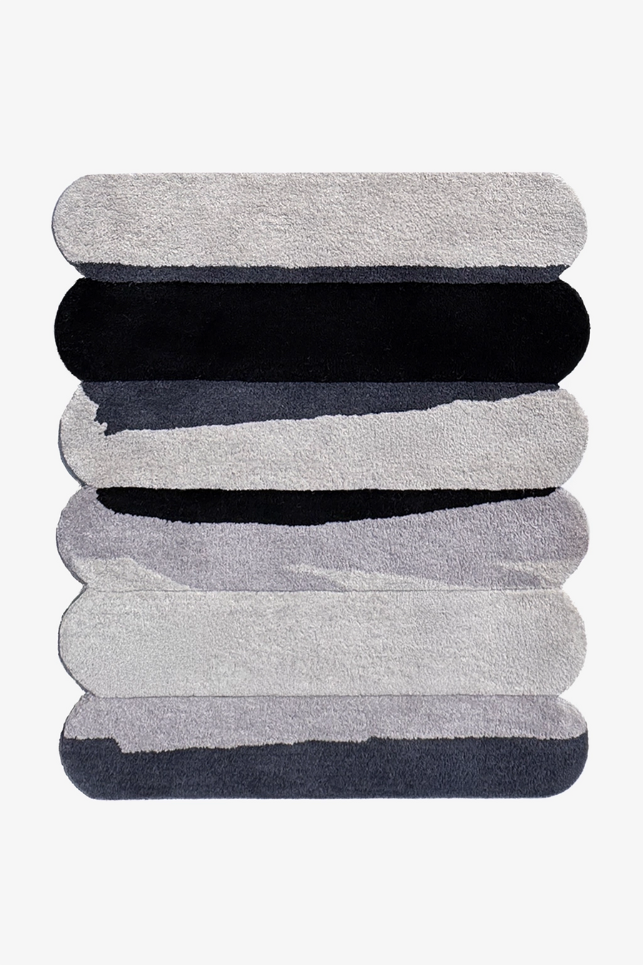 silver gray rug with scalloped edges and contemporary black stripe design