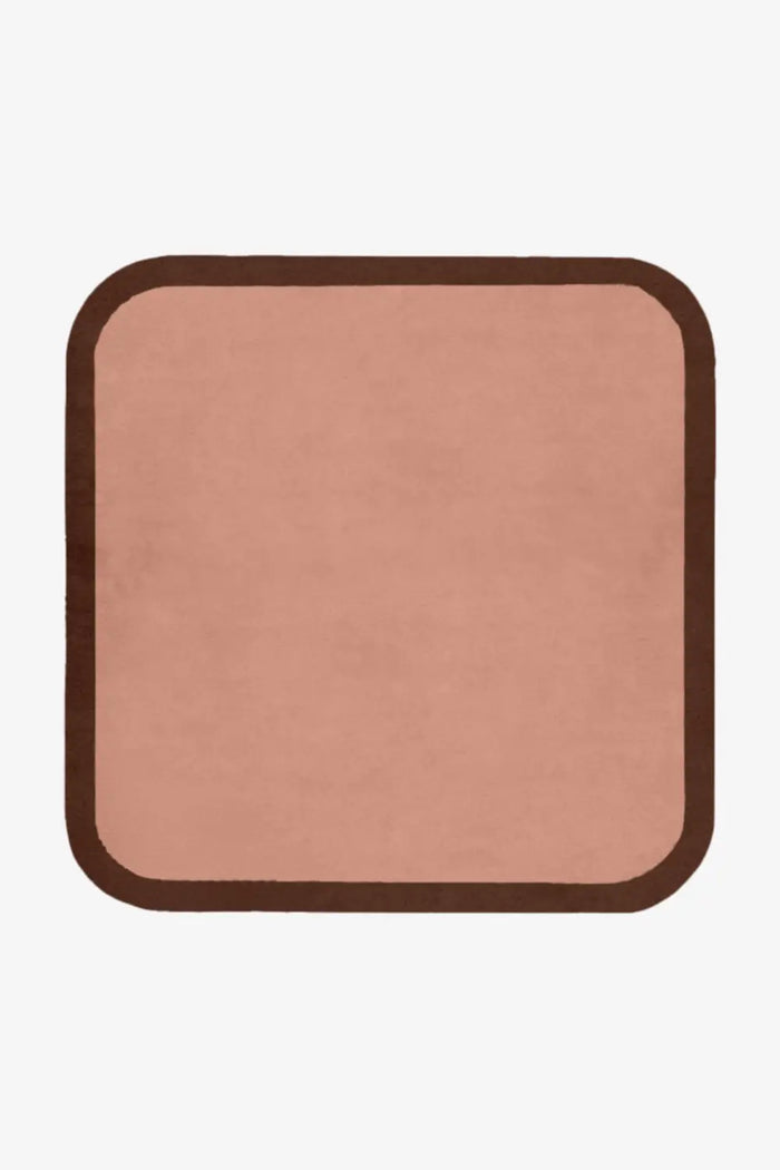 Dusty rose square rug with chocolate brown border, soft wool custom accent rug