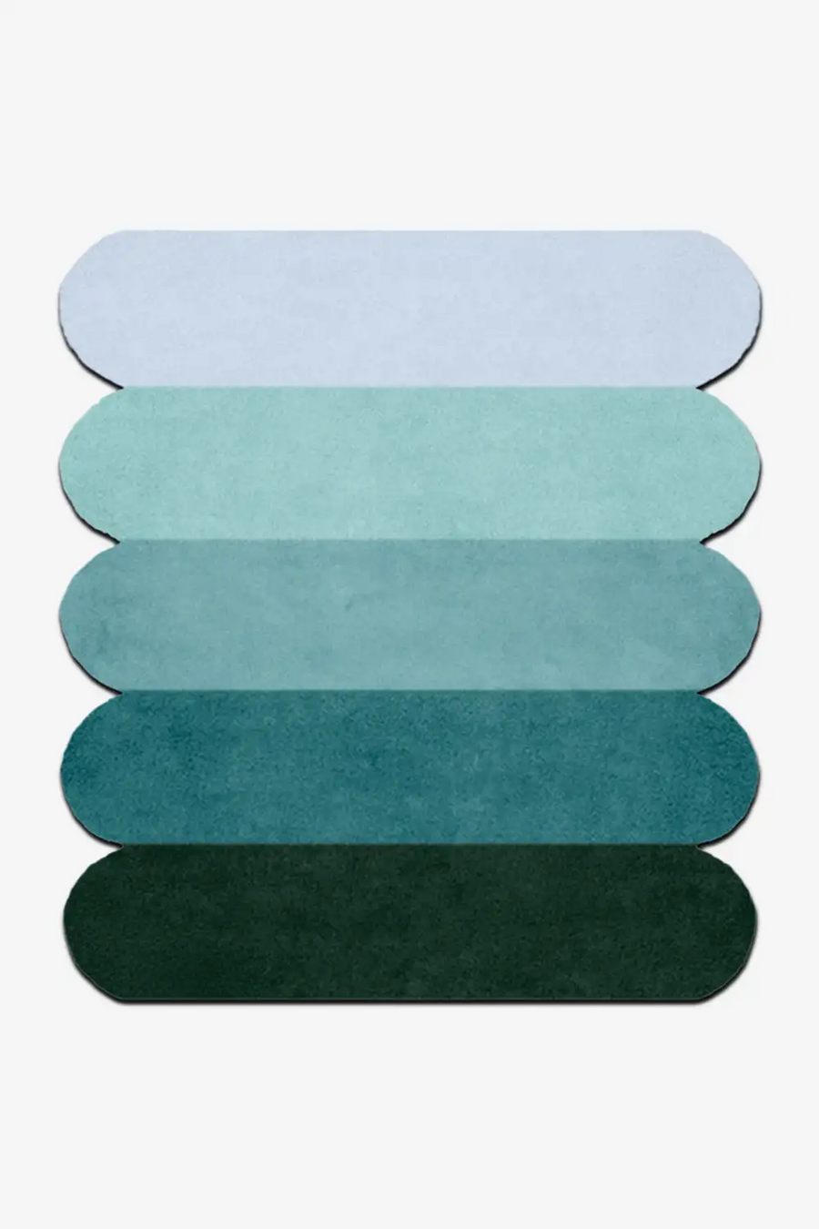 custom rug with light blue, teal and deep green scalloped sections for modern interiors