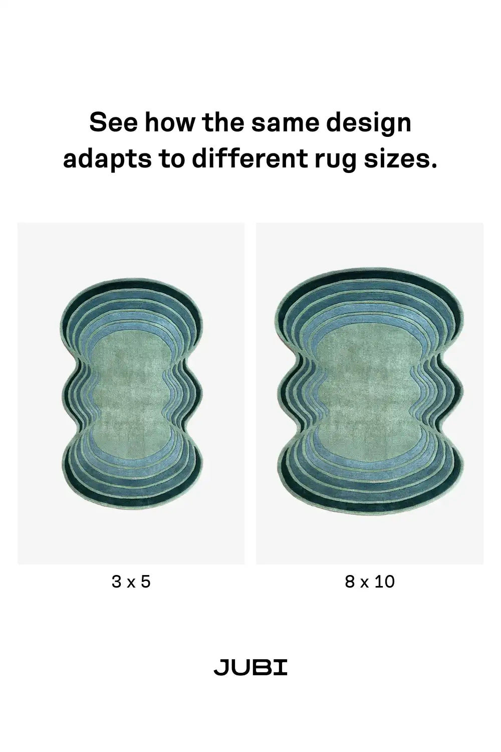 two different sizes of a blue and green patterned rug on a white background.