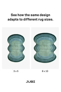 two different sizes of a blue and green patterned rug on a white background.