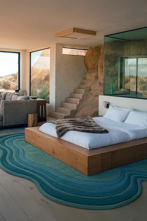 Modern bedroom with wooden platform bed, blue rug, and large windows overlooking a scenic view.