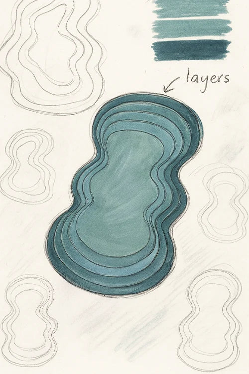 Illustration of a wavy teal rug with text 'layers' on a white background